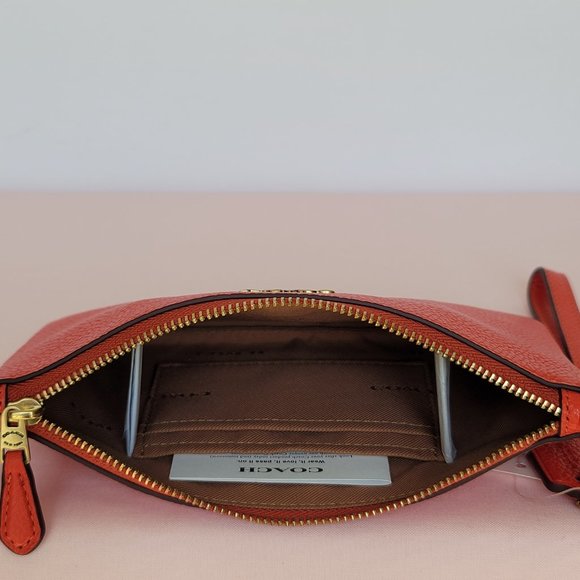COACH Small Wristlet in Polished Pebbled Leather -Red Orange - Picture 12 of 16